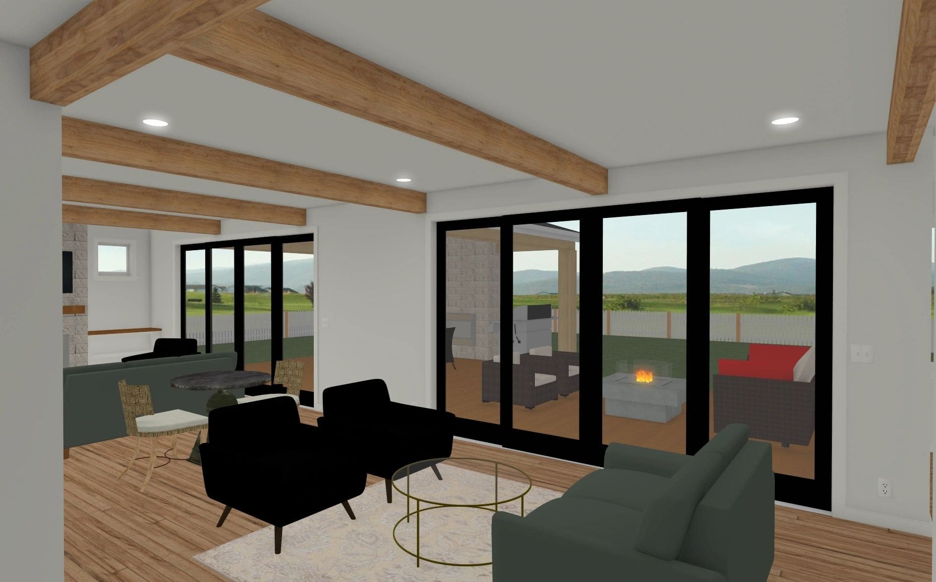 A 3 d rendering of the living room and patio.