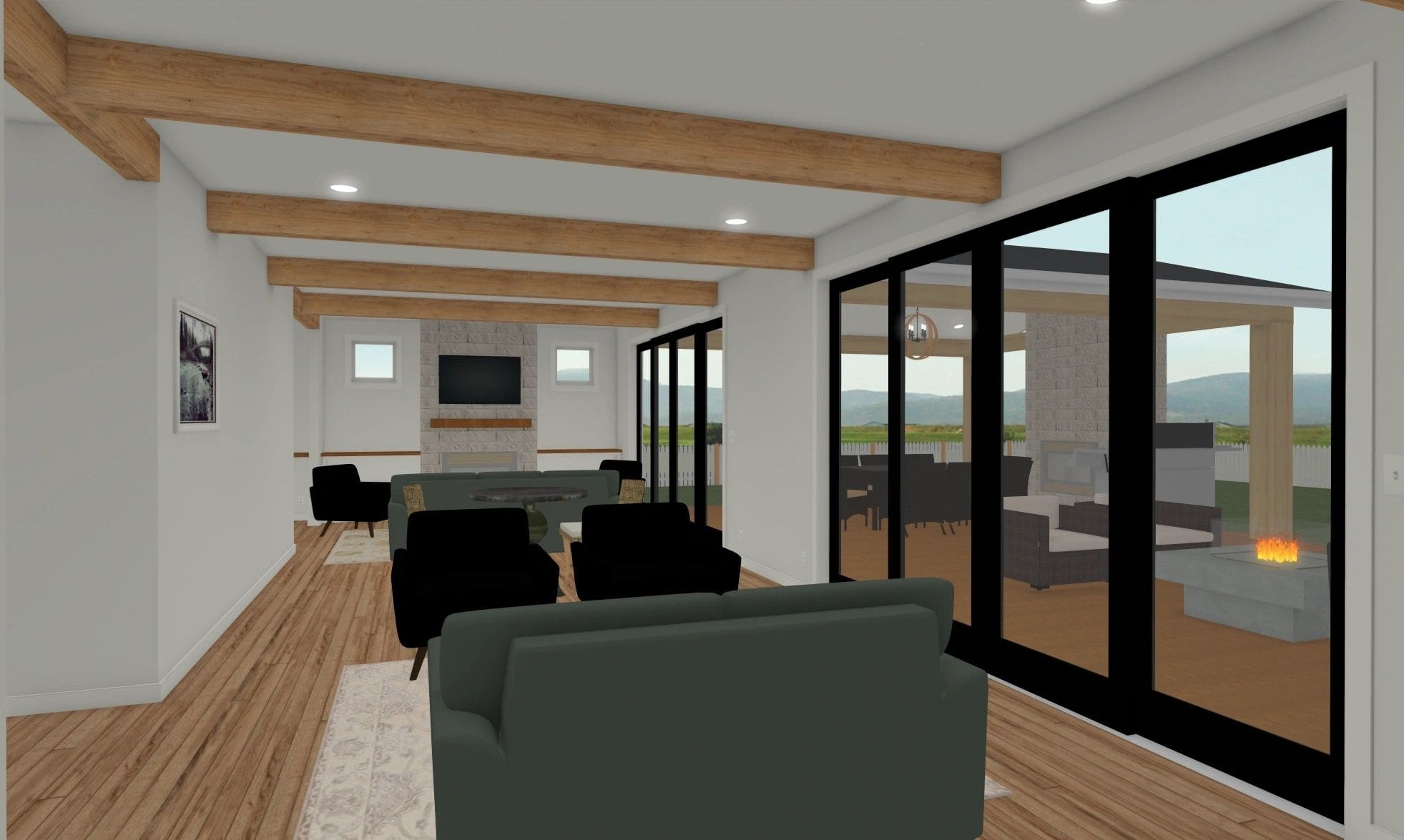 A 3 d rendering of the living room and dining area.